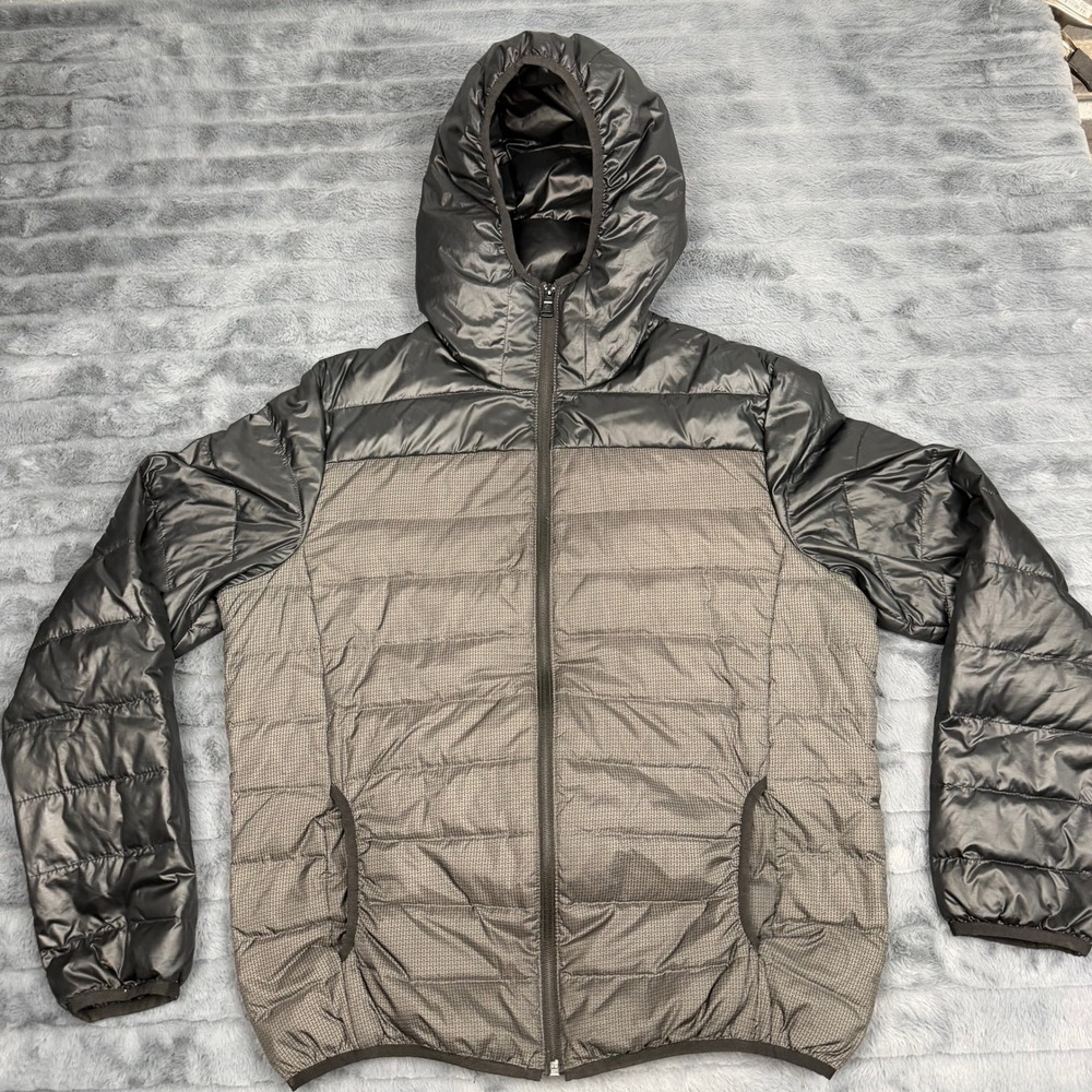 Express Mens Puffer Jacket Black Grey Mixed Media Down Fill Hooded Coat Medium
